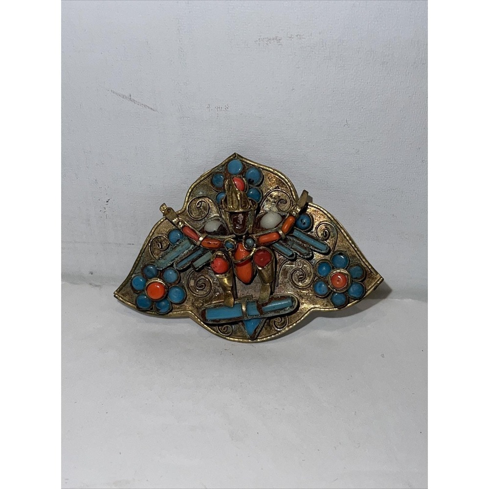 Vintage Tibetan Brass Brooch Deity Inlay Coral Turquoise Filigree Pin Garuda